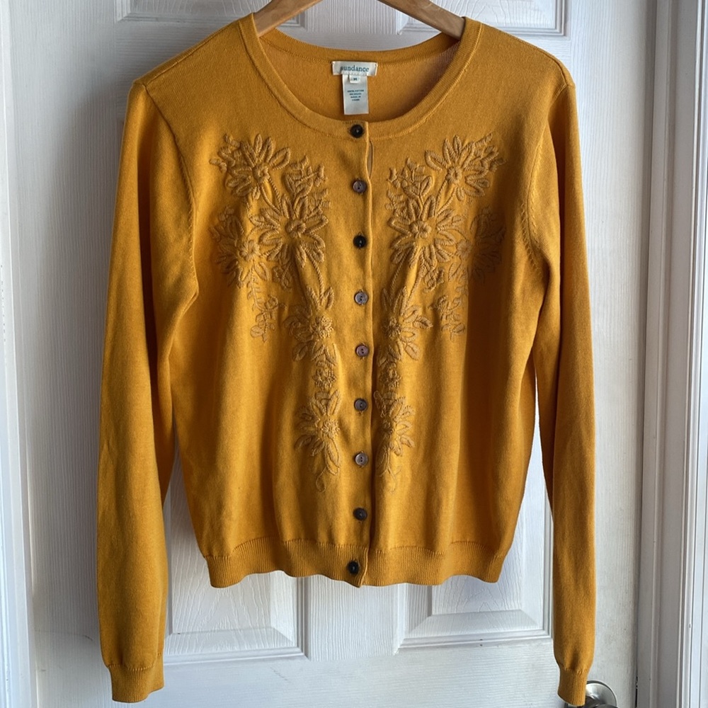 SUNDANCE Floral Embroidered Button Front Cardigan Sweater Marigold Medium